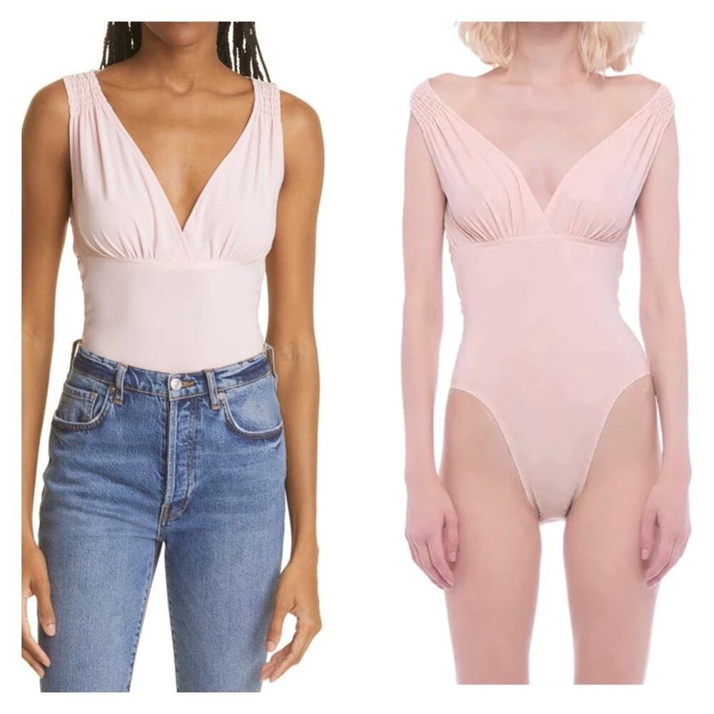 Norma Kamali Tara Sleeveless Shirred V-Neck Bodysuit Size in Pink Size XS NWT
